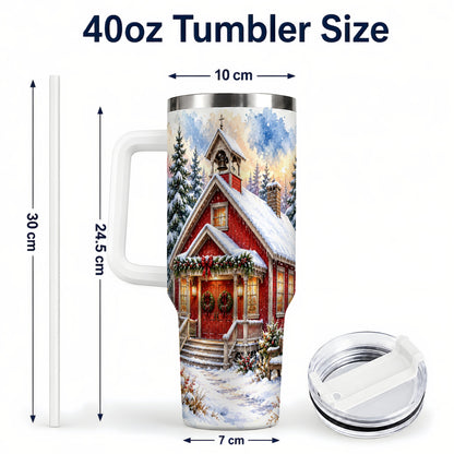 #pl[40oz|White] Snowy Red Chapel 40oz Tumbler with Handle, Winter Steel Travel Cup