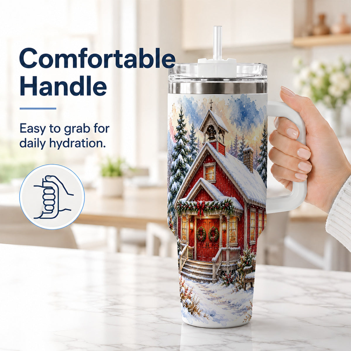 #pl[40oz|White] Snowy Red Chapel 40oz Tumbler with Handle, Winter Steel Travel Cup