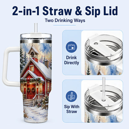 #pl[40oz|White] Snowy Red Chapel 40oz Tumbler with Handle, Winter Steel Travel Cup