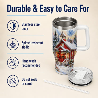Snowy Red Chapel 40oz Tumbler with Handle, Winter Steel Travel Cup