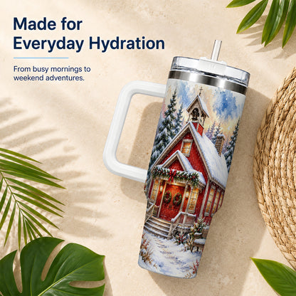 Snowy Red Chapel 40oz Tumbler with Handle, Winter Steel Travel Cup