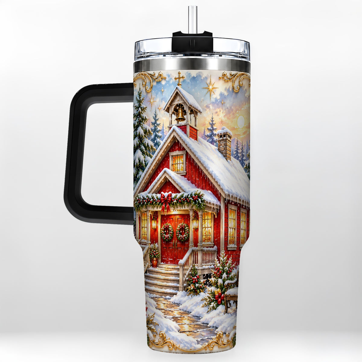 #pl[40oz|Black] Snowy Red Chapel 40oz Tumbler with Handle, Ornate Steel Travel Cup