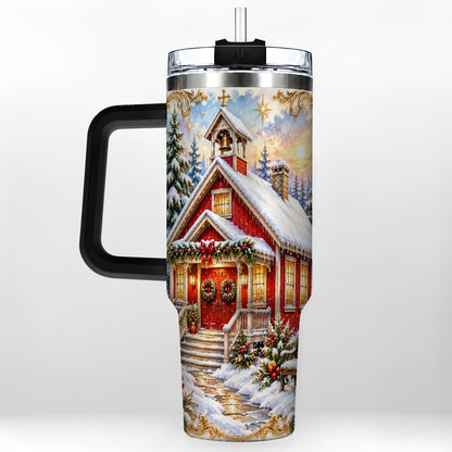 #pl[40oz|Black] Snowy Red Chapel 40oz Tumbler with Handle, Ornate Steel Travel Cup