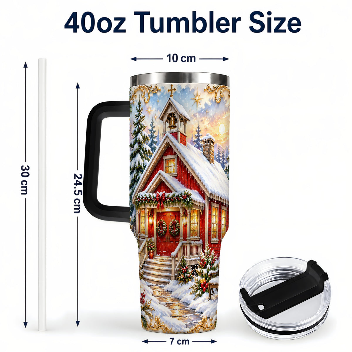 #pl[40oz|Black] Snowy Red Chapel 40oz Tumbler with Handle, Ornate Steel Travel Cup