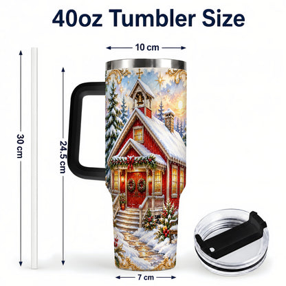 #pl[40oz|Black] Snowy Red Chapel 40oz Tumbler with Handle, Ornate Steel Travel Cup