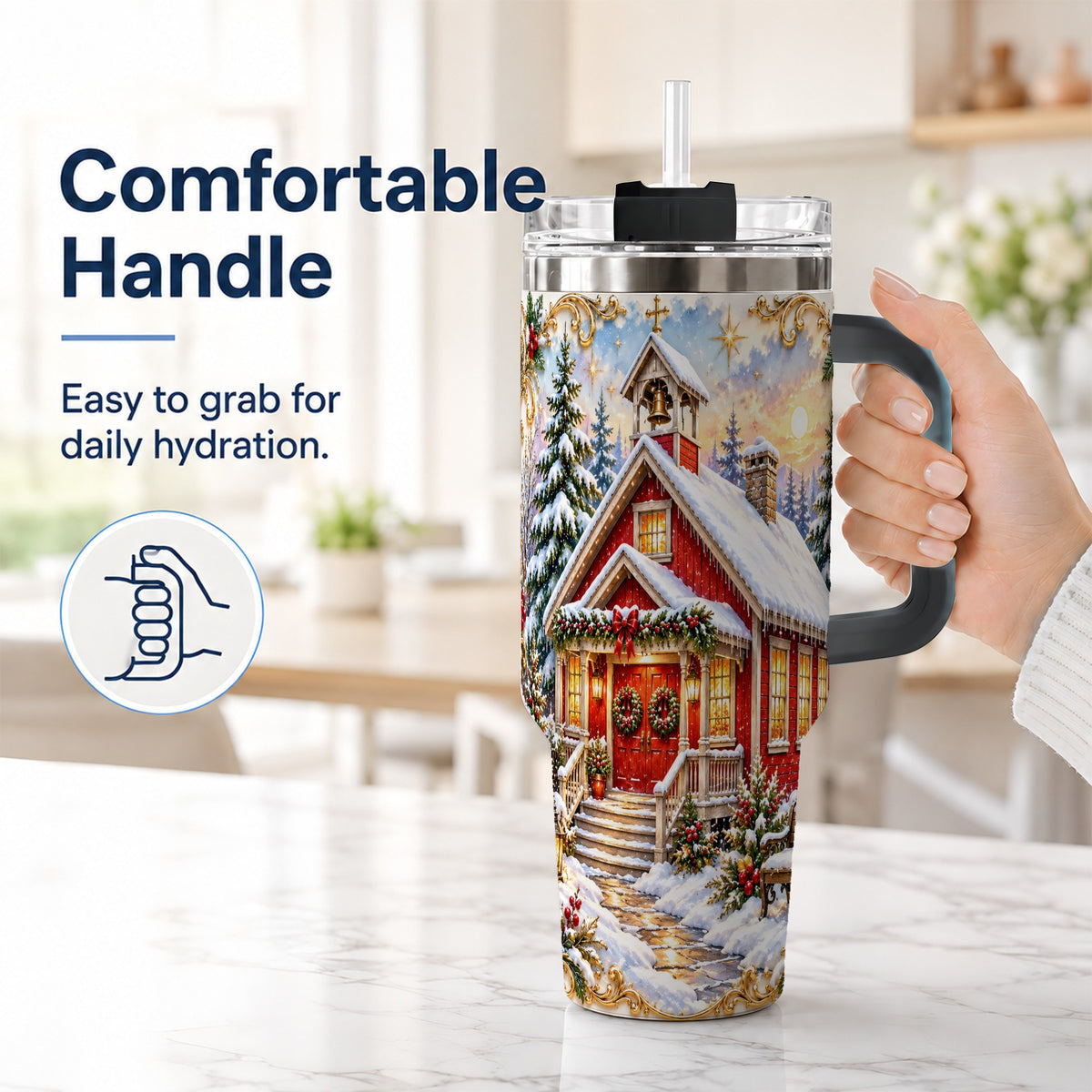 #pl[40oz|Black] Snowy Red Chapel 40oz Tumbler with Handle, Ornate Steel Travel Cup