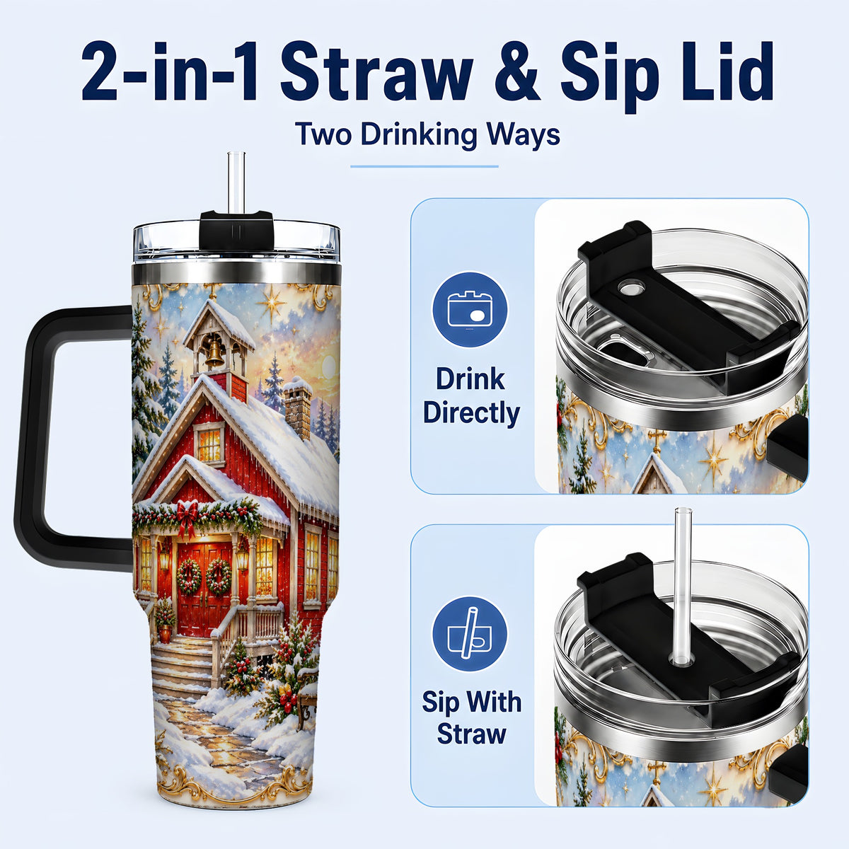 #pl[40oz|Black] Snowy Red Chapel 40oz Tumbler with Handle, Ornate Steel Travel Cup