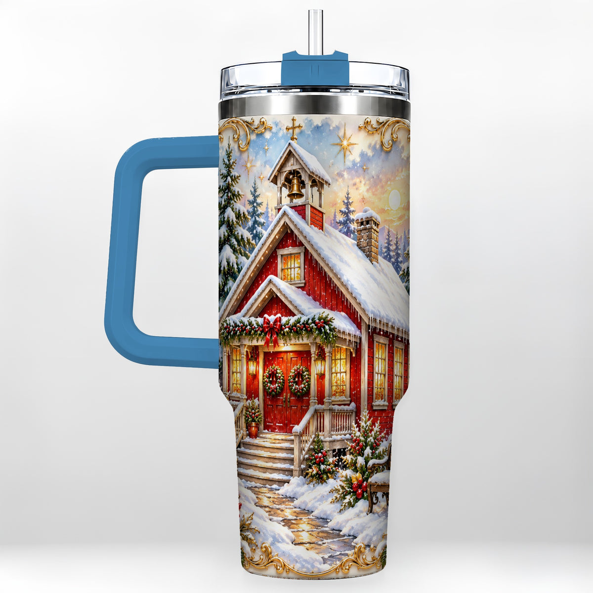 #pl[40oz|Blue] Snowy Red Chapel 40oz Tumbler with Handle, Ornate Steel Travel Cup