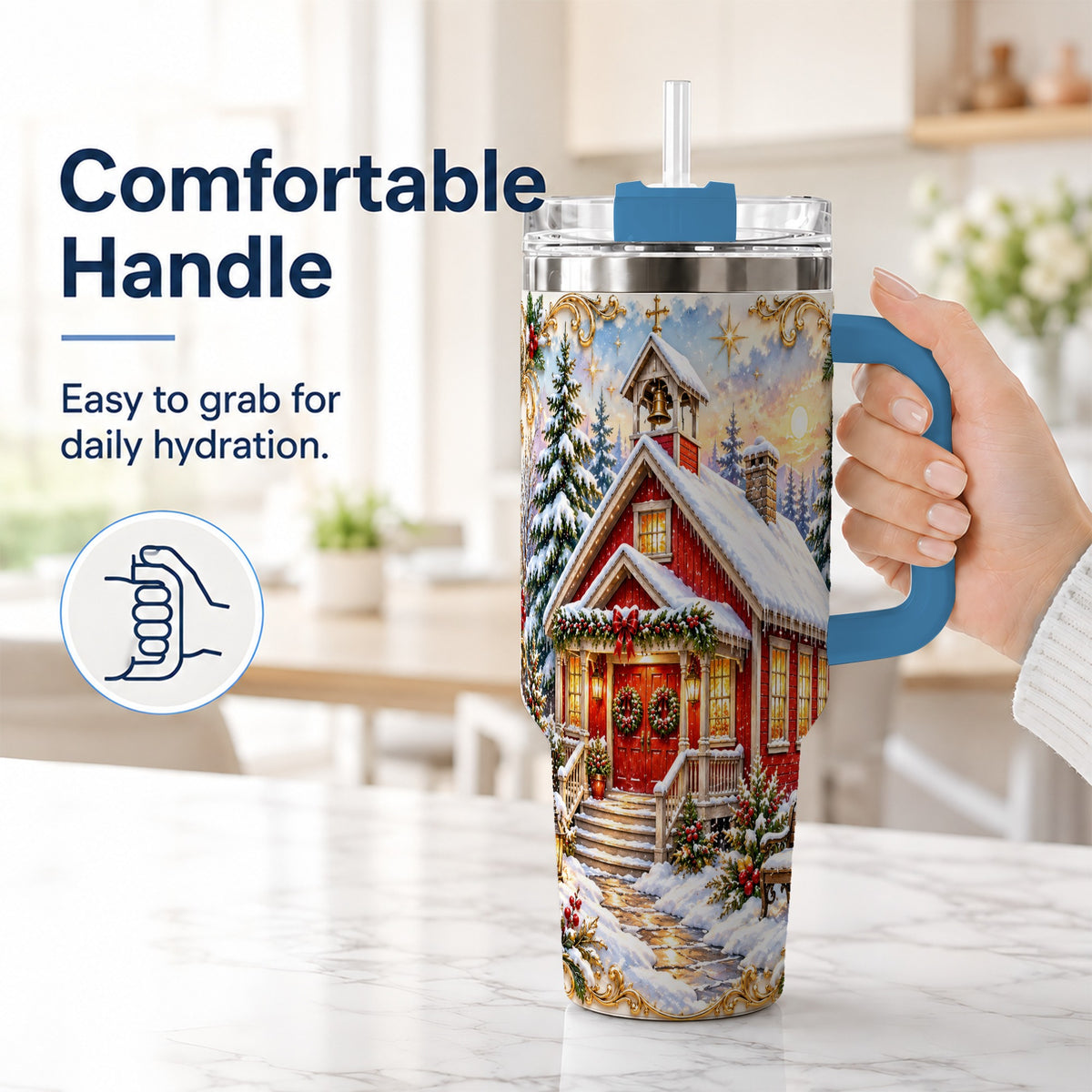#pl[40oz|Blue] Snowy Red Chapel 40oz Tumbler with Handle, Ornate Steel Travel Cup