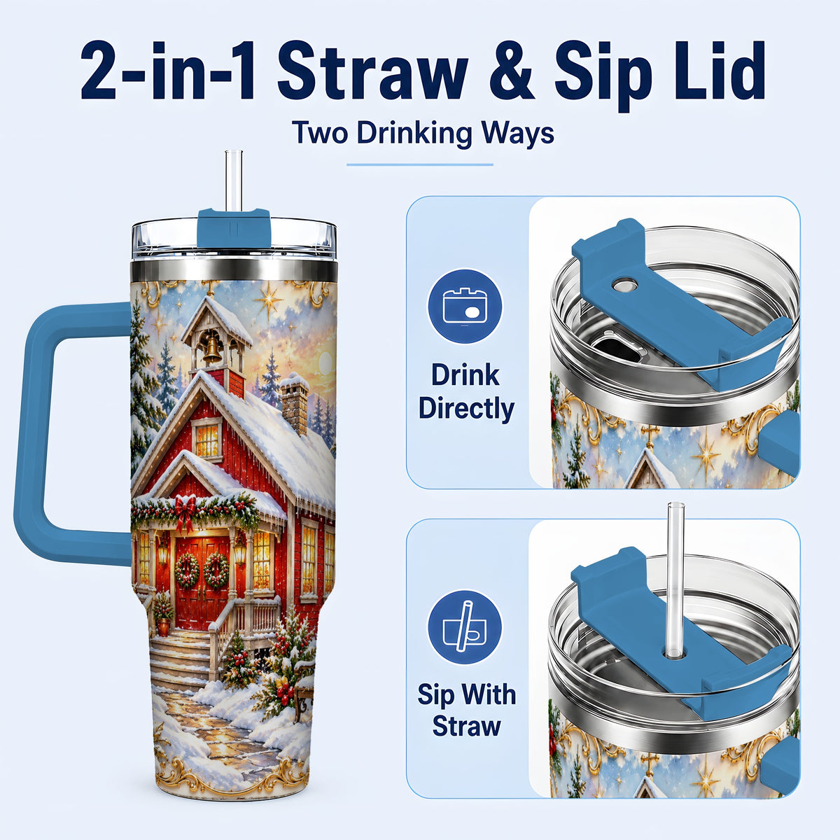 #pl[40oz|Blue] Snowy Red Chapel 40oz Tumbler with Handle, Ornate Steel Travel Cup