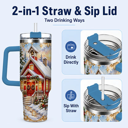 #pl[40oz|Blue] Snowy Red Chapel 40oz Tumbler with Handle, Ornate Steel Travel Cup