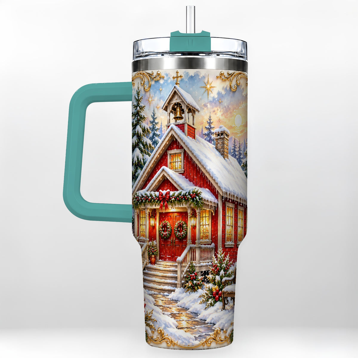 #pl[40oz|Green] Snowy Red Chapel 40oz Tumbler with Handle, Ornate Steel Travel Cup