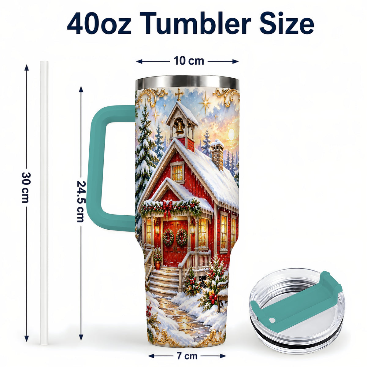 #pl[40oz|Green] Snowy Red Chapel 40oz Tumbler with Handle, Ornate Steel Travel Cup