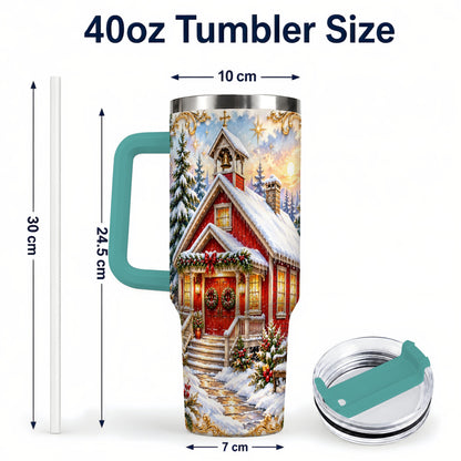 #pl[40oz|Green] Snowy Red Chapel 40oz Tumbler with Handle, Ornate Steel Travel Cup