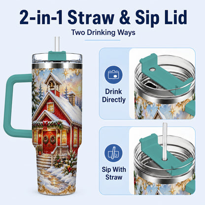 #pl[40oz|Green] Snowy Red Chapel 40oz Tumbler with Handle, Ornate Steel Travel Cup