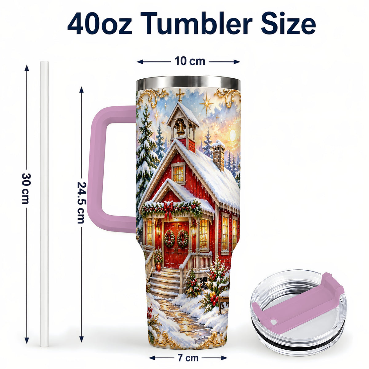 #pl[40oz|Pink] Snowy Red Chapel 40oz Tumbler with Handle, Ornate Steel Travel Cup
