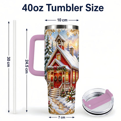 #pl[40oz|Pink] Snowy Red Chapel 40oz Tumbler with Handle, Ornate Steel Travel Cup