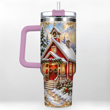 #pl[40oz|Pink] Snowy Red Chapel 40oz Tumbler with Handle, Ornate Steel Travel Cup