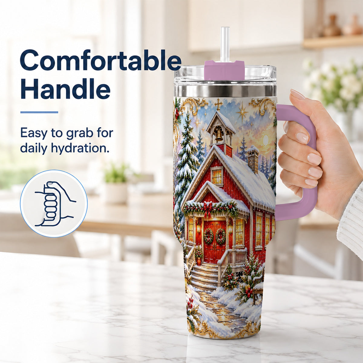 #pl[40oz|Pink] Snowy Red Chapel 40oz Tumbler with Handle, Ornate Steel Travel Cup