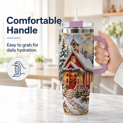 #pl[40oz|Pink] Snowy Red Chapel 40oz Tumbler with Handle, Ornate Steel Travel Cup