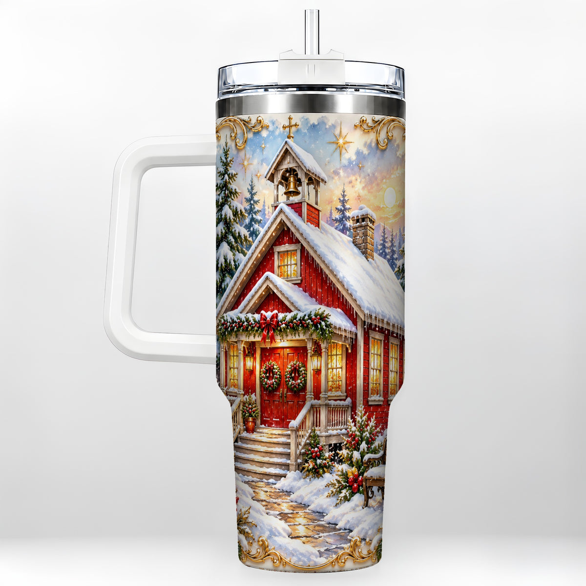 Snowy Red Chapel 40oz Tumbler with Handle, Ornate Steel Travel Cup