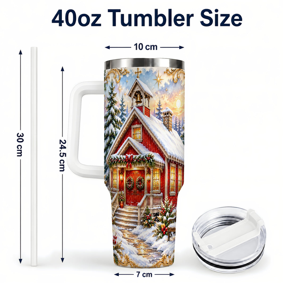 #pl[40oz|White] Snowy Red Chapel 40oz Tumbler with Handle, Ornate Steel Travel Cup