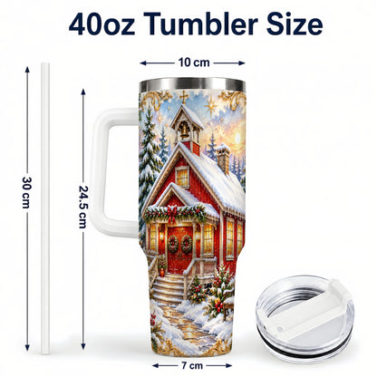 #pl[40oz|White] Snowy Red Chapel 40oz Tumbler with Handle, Ornate Steel Travel Cup