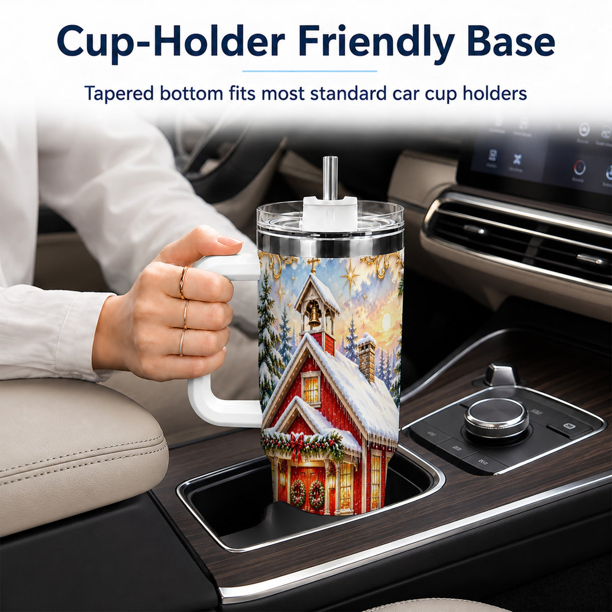 Snowy Red Chapel 40oz Tumbler with Handle, Ornate Steel Travel Cup
