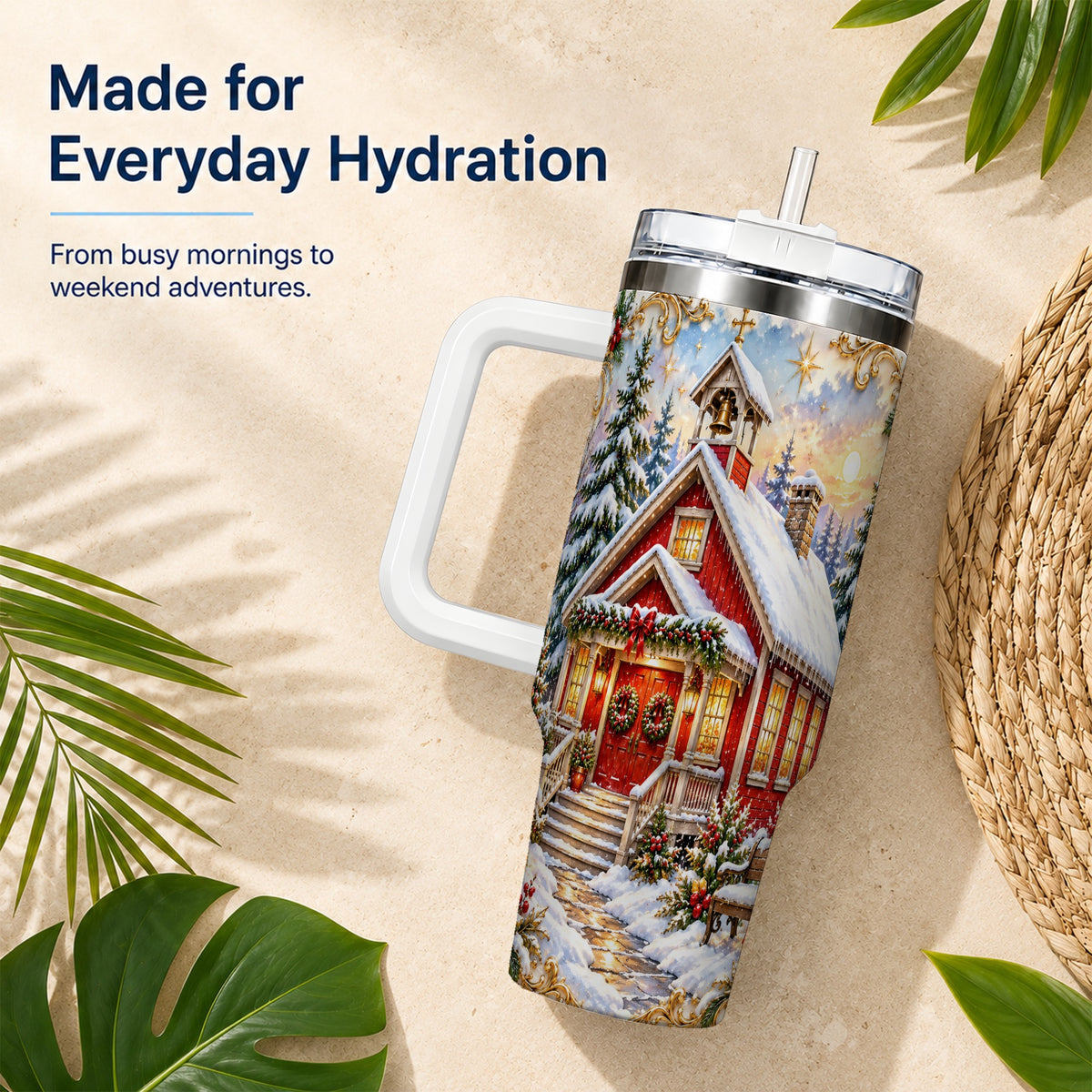 Snowy Red Chapel 40oz Tumbler with Handle, Ornate Steel Travel Cup