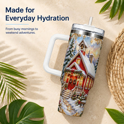 Snowy Red Chapel 40oz Tumbler with Handle, Ornate Steel Travel Cup