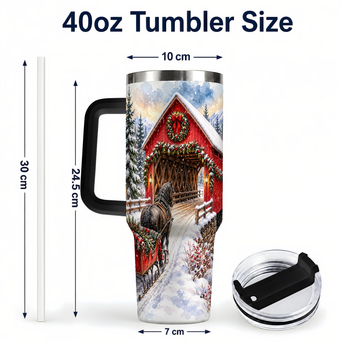 #pl[40oz|Black] Christmas Covered Bridge 40oz Tumbler with Handle, Winter Travel Cup