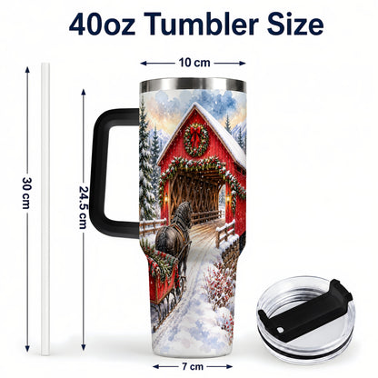 #pl[40oz|Black] Christmas Covered Bridge 40oz Tumbler with Handle, Winter Travel Cup