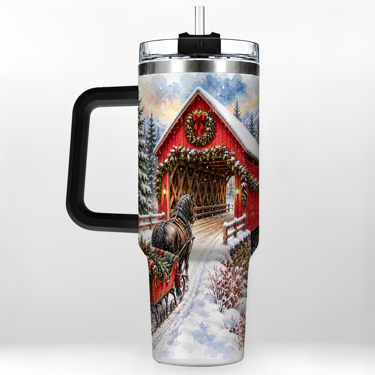 #pl[40oz|Black] Christmas Covered Bridge 40oz Tumbler with Handle, Winter Travel Cup