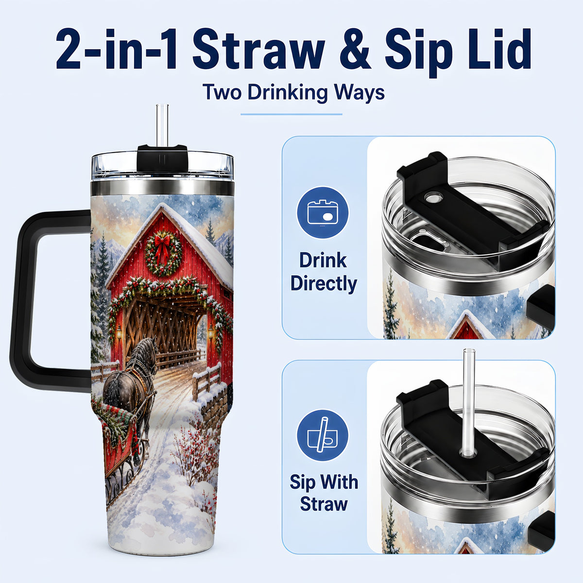 #pl[40oz|Black] Christmas Covered Bridge 40oz Tumbler with Handle, Winter Travel Cup