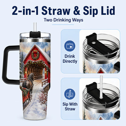 #pl[40oz|Black] Christmas Covered Bridge 40oz Tumbler with Handle, Winter Travel Cup