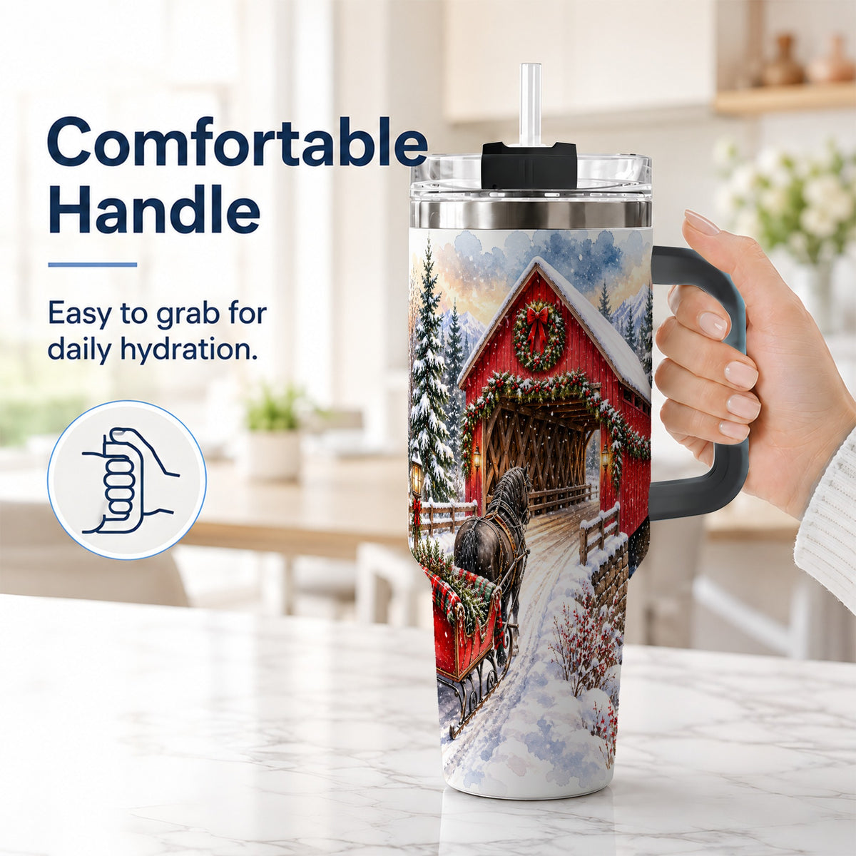 #pl[40oz|Black] Christmas Covered Bridge 40oz Tumbler with Handle, Winter Travel Cup