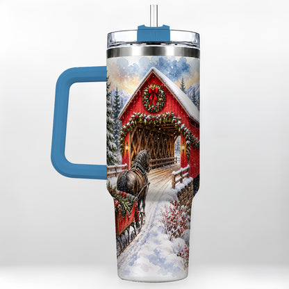 #pl[40oz|Blue] Christmas Covered Bridge 40oz Tumbler with Handle, Winter Travel Cup