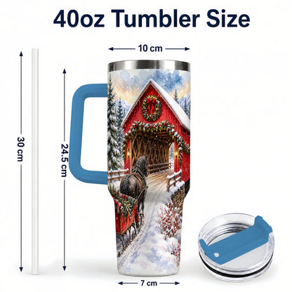 #pl[40oz|Blue] Christmas Covered Bridge 40oz Tumbler with Handle, Winter Travel Cup