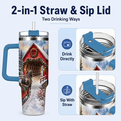 #pl[40oz|Blue] Christmas Covered Bridge 40oz Tumbler with Handle, Winter Travel Cup