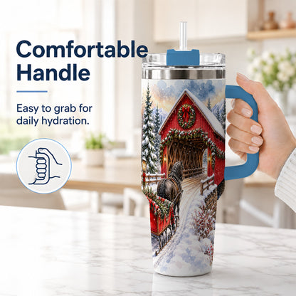 #pl[40oz|Blue] Christmas Covered Bridge 40oz Tumbler with Handle, Winter Travel Cup