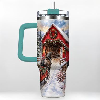 #pl[40oz|Green] Christmas Covered Bridge 40oz Tumbler with Handle, Winter Travel Cup