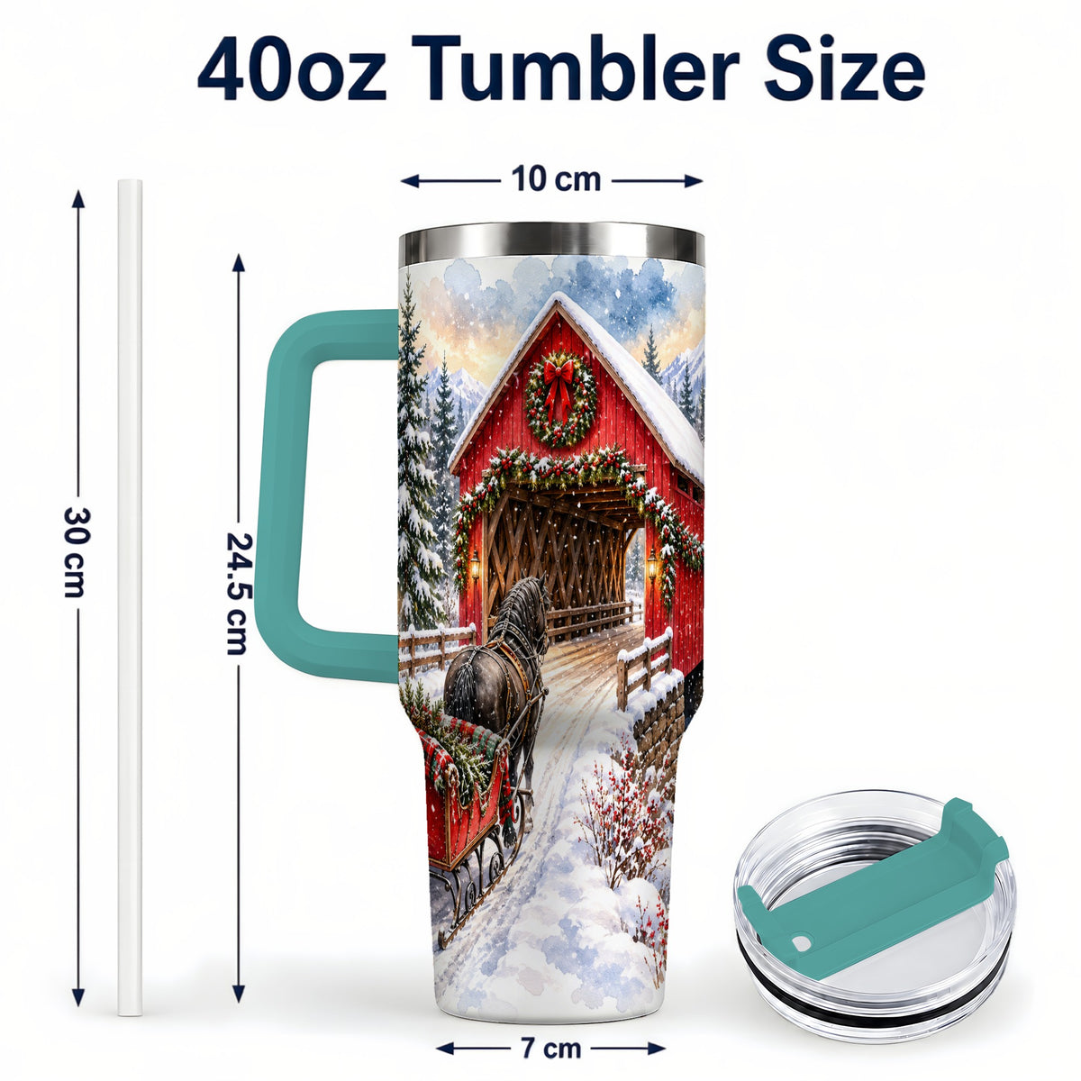 #pl[40oz|Green] Christmas Covered Bridge 40oz Tumbler with Handle, Winter Travel Cup