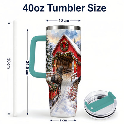 #pl[40oz|Green] Christmas Covered Bridge 40oz Tumbler with Handle, Winter Travel Cup