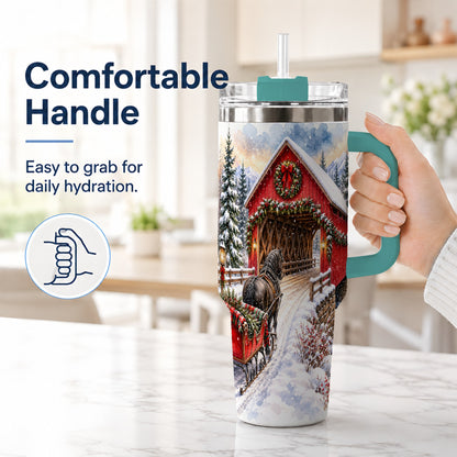 #pl[40oz|Green] Christmas Covered Bridge 40oz Tumbler with Handle, Winter Travel Cup