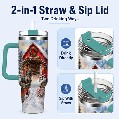 #pl[40oz|Green] Christmas Covered Bridge 40oz Tumbler with Handle, Winter Travel Cup