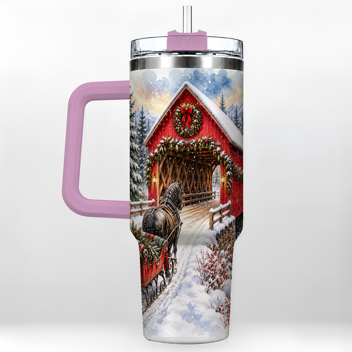 #pl[40oz|Pink] Christmas Covered Bridge 40oz Tumbler with Handle, Winter Travel Cup