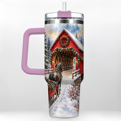 #pl[40oz|Pink] Christmas Covered Bridge 40oz Tumbler with Handle, Winter Travel Cup