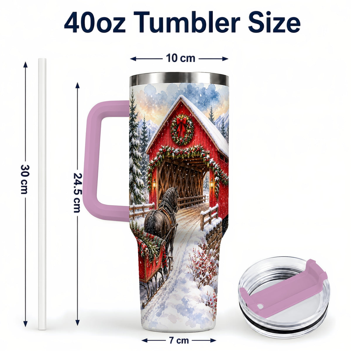 #pl[40oz|Pink] Christmas Covered Bridge 40oz Tumbler with Handle, Winter Travel Cup