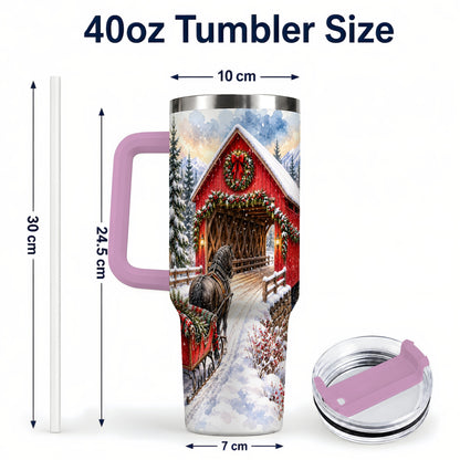 #pl[40oz|Pink] Christmas Covered Bridge 40oz Tumbler with Handle, Winter Travel Cup