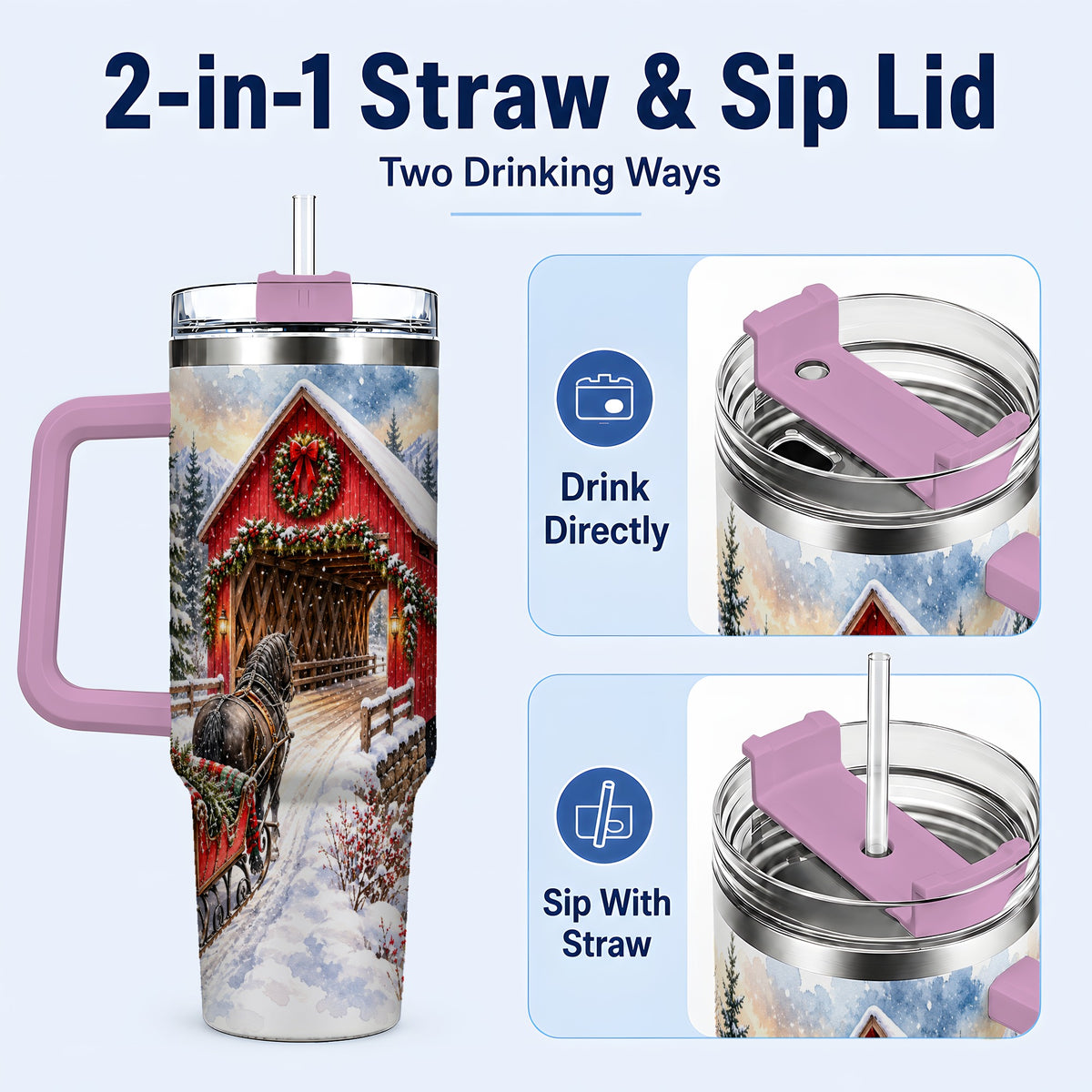 #pl[40oz|Pink] Christmas Covered Bridge 40oz Tumbler with Handle, Winter Travel Cup